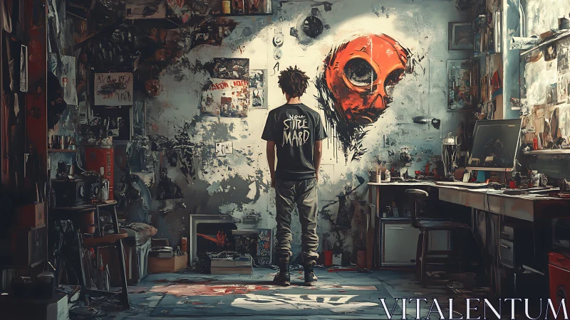 Urban studio artist facing vivid orange graffiti mask mural.