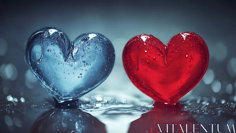 Translucent Water Hearts with Liquid Droplets on Reflective Surface.