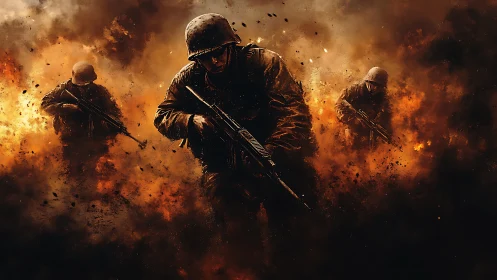 Digital war scene with soldiers in dynamic explosive field.
