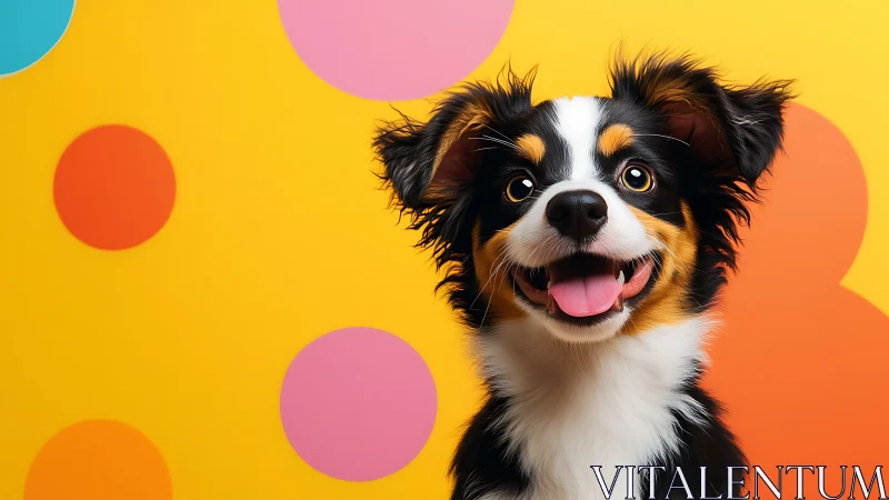 Playful tri-color puppy against vibrant pop-art circles.