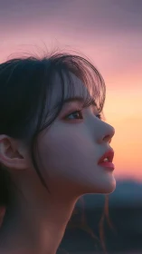 Soft sunset profile of a girl gazing toward distant light