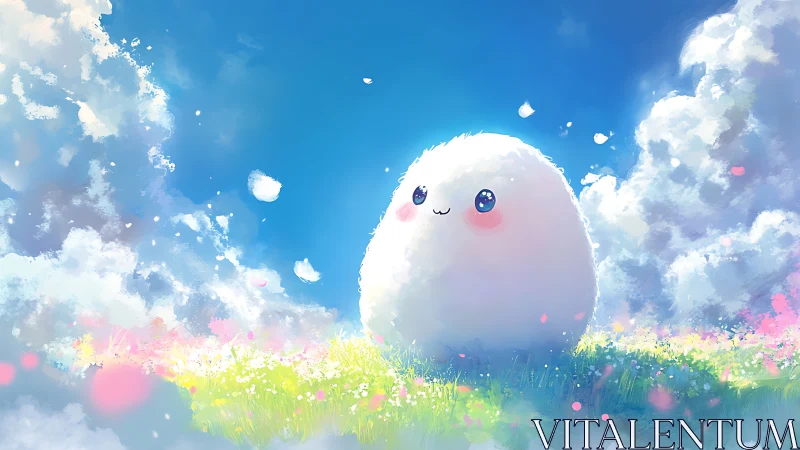 Fluffy pastel creature in radiant cloudlit meadowscape.