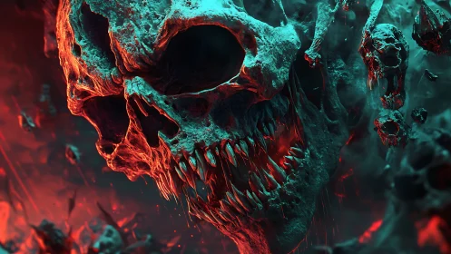Fiery skeletal titan emerges in a storm of red and teal light