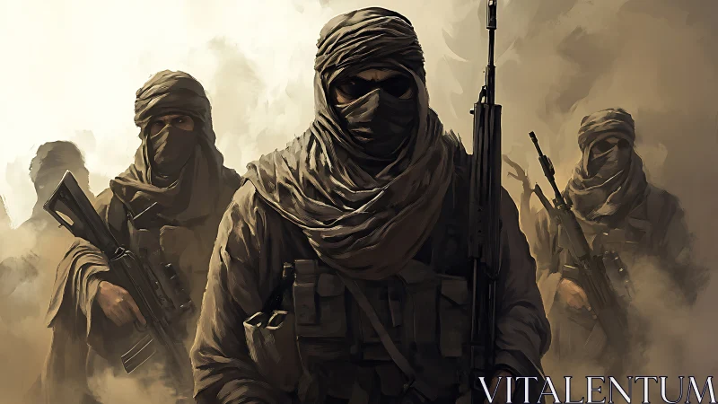 Mysterious desert figures advancing through swirling dust.