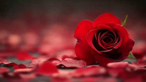 Romance Blooming: A Perfect Red Rose Among Petals.
