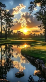 Sunset reflects across golf course waterway with trees