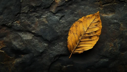 Single yellow leaf rests on dark textured stone surface