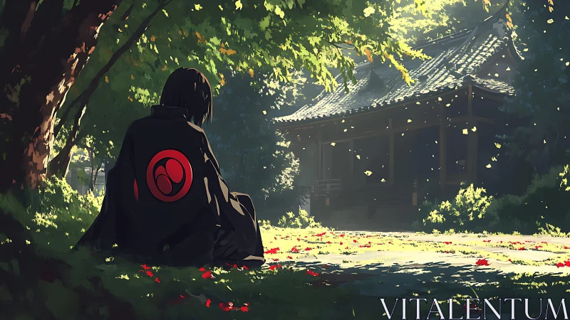 Solitary cloak in sun-dusted shrine garden silence.