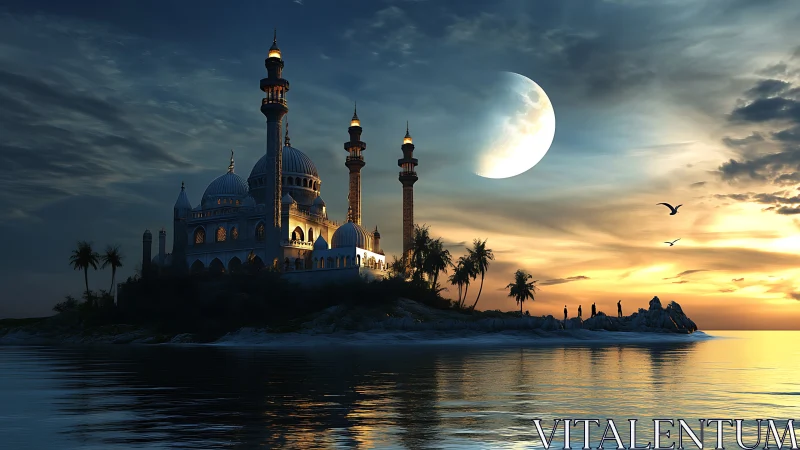 Moonlit seaside mosque glowing softly at peaceful dusk.