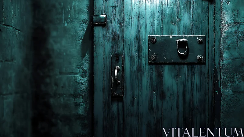 Weathered teal door glowing in a quiet, secretive hallway.