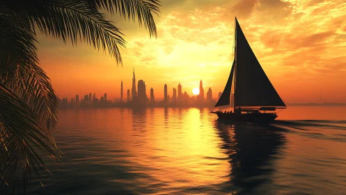 Sailboat crosses calm bay at sunset before distant skyline