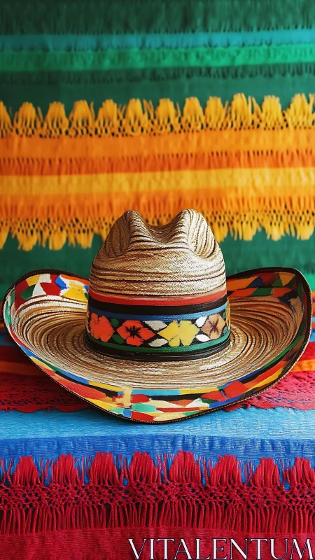 Colorful woven sombrero resting amid festive textiles.