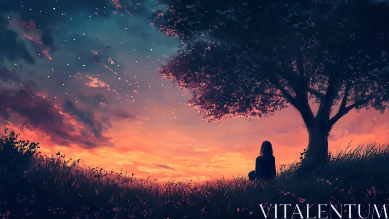 Solitary figure watches glowing sunset sky under tree