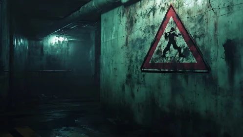 Underground corridor shows worn hazard sign on stained wall