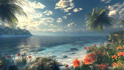 Tropical Paradise Beach with Palm Trees and Vibrant Orange Flowers