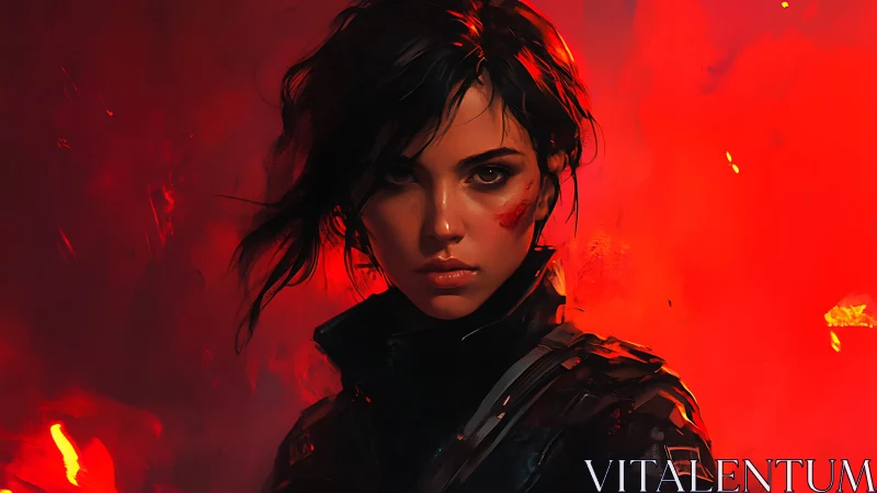 Battle-worn female soldier portrait amid fiery red smoke