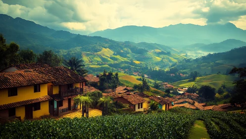 Hillside rural village with tiled roofs under cloudy sky.