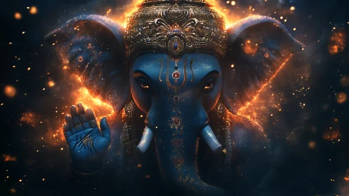 Ember-crowned blue elephant deity pauses within cosmic sparks