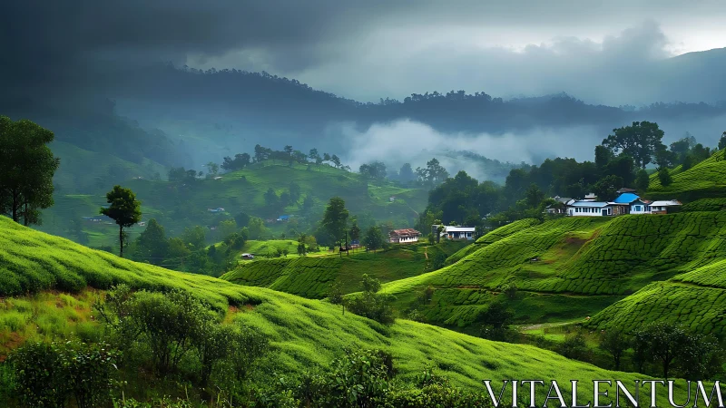 Mist-laden terraced tea plantations with hillside village dwellings