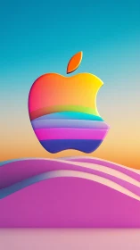 Glowing rainbow apple floating over soft pastel hills.