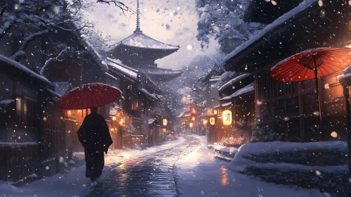 Snowy Kyoto street with pagoda depth, lantern bokeh and red umbrellas