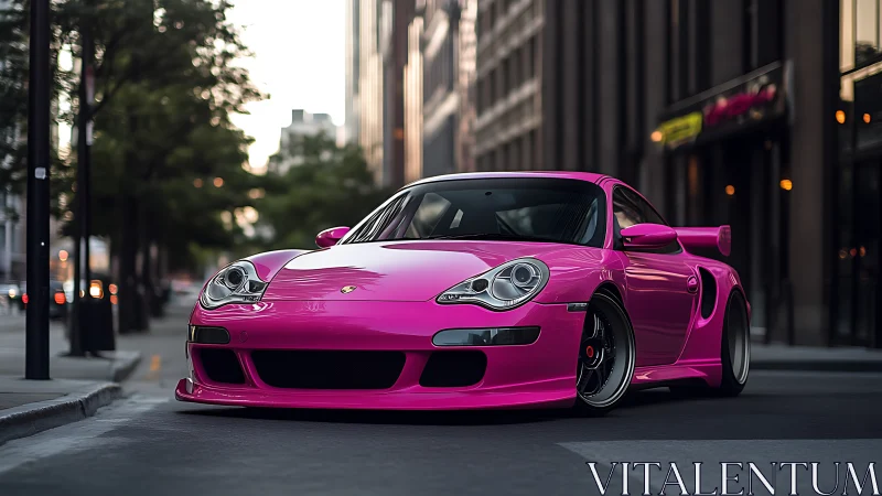 Hot pink sports car parked low in sleek urban streetscape.