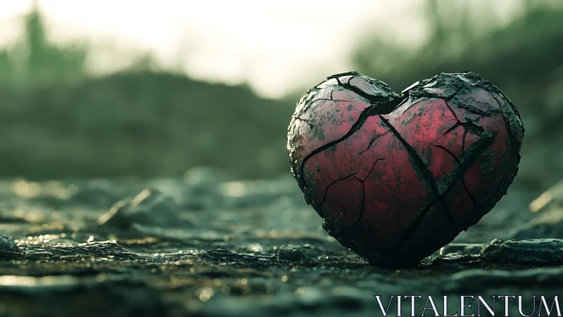 Weathered red heart quietly glows on a rough stony path