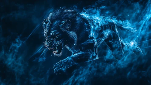 Glowing blue lion lunges forward in dynamic side profile
