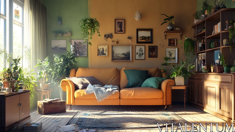 Sunlit botanical living room with ochre sofa and wall art.