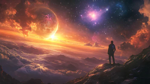 Lone explorer watches glowing alien planet at sunrise.