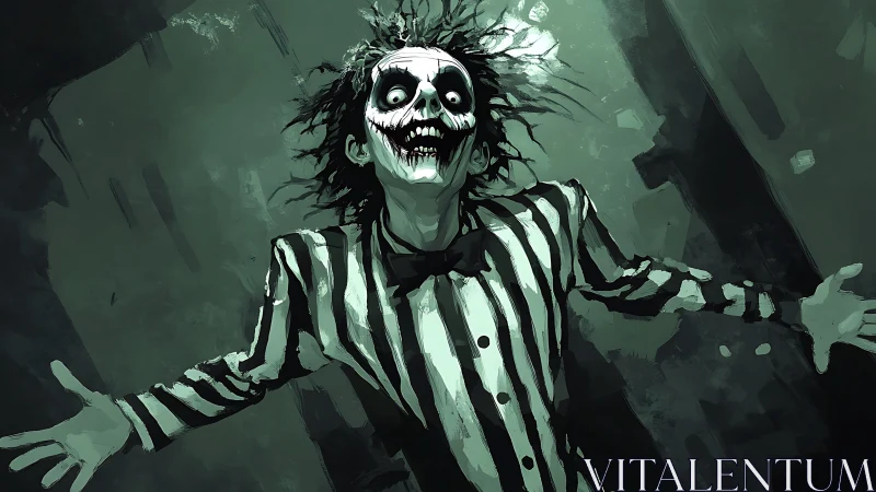Striped ghoul grins wildly in desaturated horror portrait