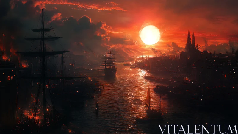 Sunset illuminates burning harbor city with dense ship silhouettes
