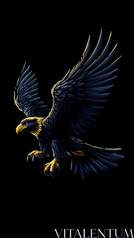 Golden-highlighted eagle rendered in mid-flight on black