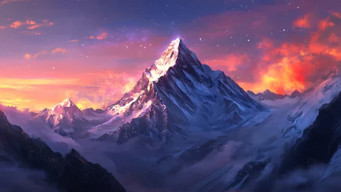 Snowy mountain peak under vivid sunset sky.