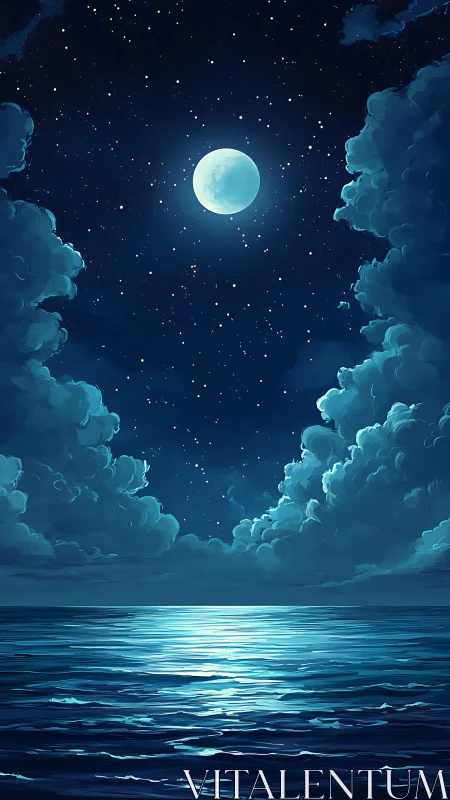 Full moon illuminates open ocean under dense cloud banks