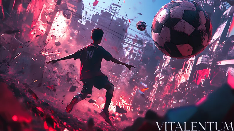 Urban street football scene with dramatic floating debris.