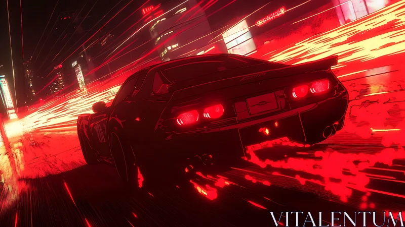 Sports car on neon city street with red motion trails.