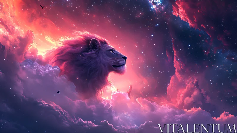 Celestial lion rising through nebula clouds at cosmic dawn.