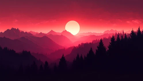 Crimson sun sinks behind layered alpine pine silhouettes.