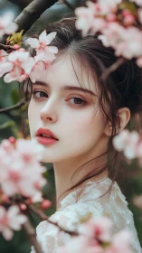 Young woman in soft focus among pink spring blossoms.