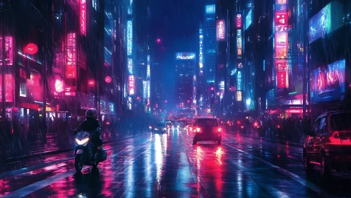 Neon soaked cyberpunk city street glows under heavy rain