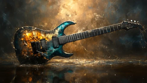 Electric guitar on reflective surface in textured light field.