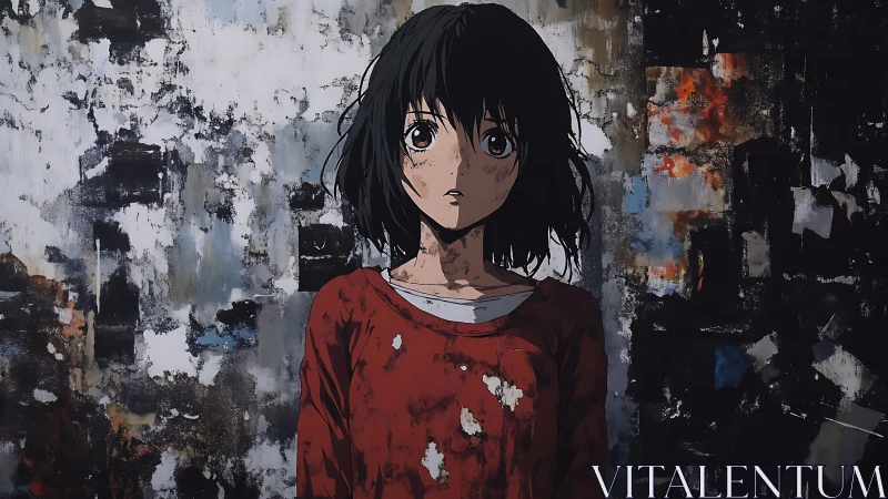 Young anime girl stands against decayed urban wall in silence