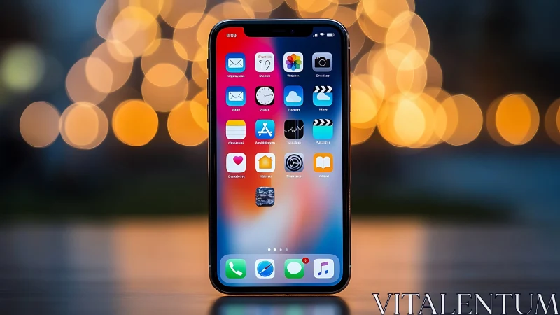 iPhone with Vibrant App Icons Against Golden Bokeh Backdrop