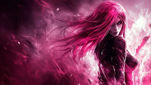 Female figure with magenta energy and dynamic background.