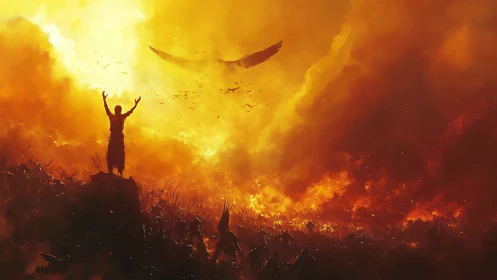 Fiery sky embrace with a lone figure welcoming the light.