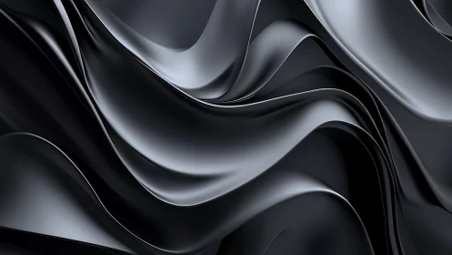 Abstract black metallic waves digital art, smooth flowing lines.