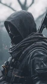 Hooded tactical operator in armored winter exfiltration stance.