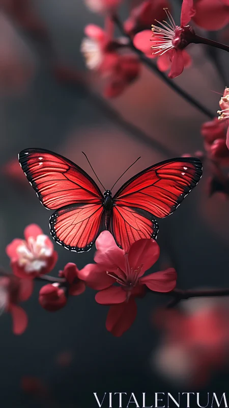 Photorealistic scarlet butterfly over blooming cherry boughs.