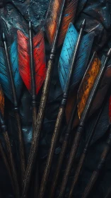 Colorful rustic arrows resting against a weathered backdrop.